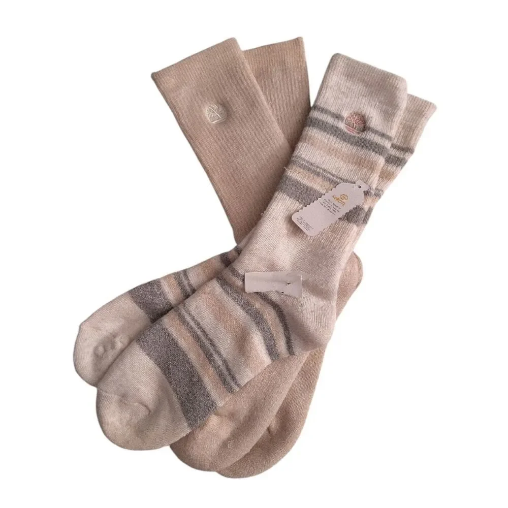 Timberland 2 Pairs Cushioned‎ Boot Socks Logo Pink Grey White Striped NWT